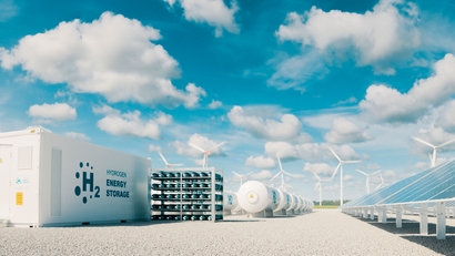 Système de stockage moderne de l'hydrogène avec centrale solaire et parc éolien